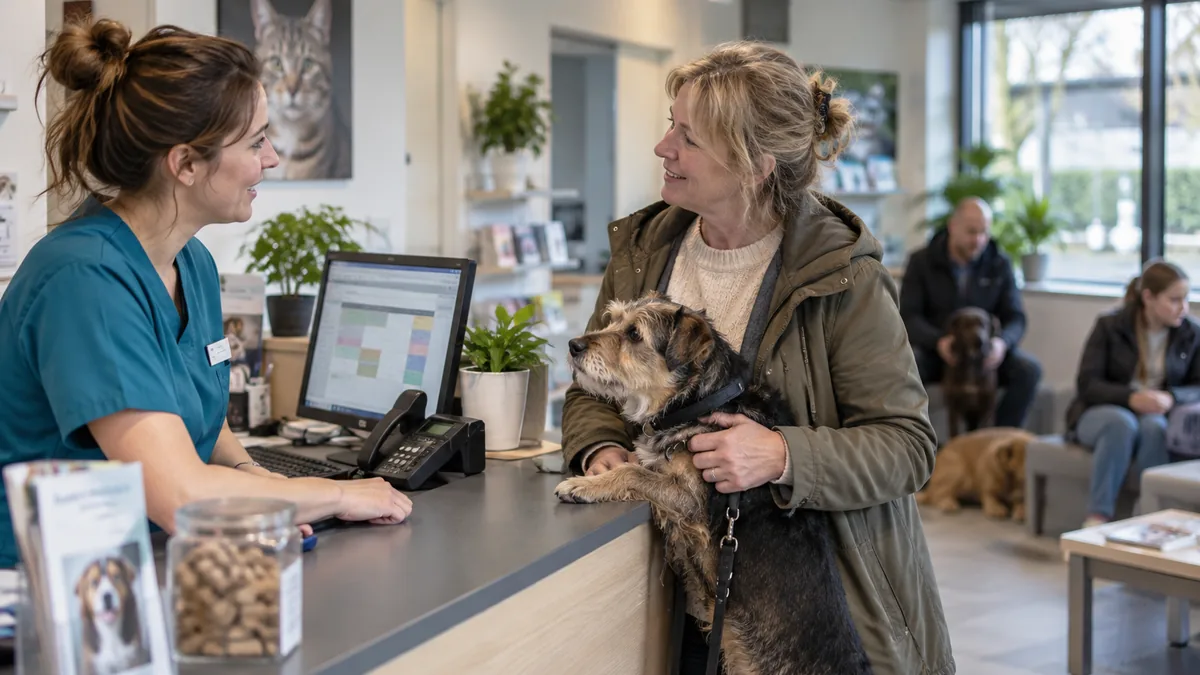 Huisdiereigenaar bespreekt een afspraak bij de dierenartsreceptie